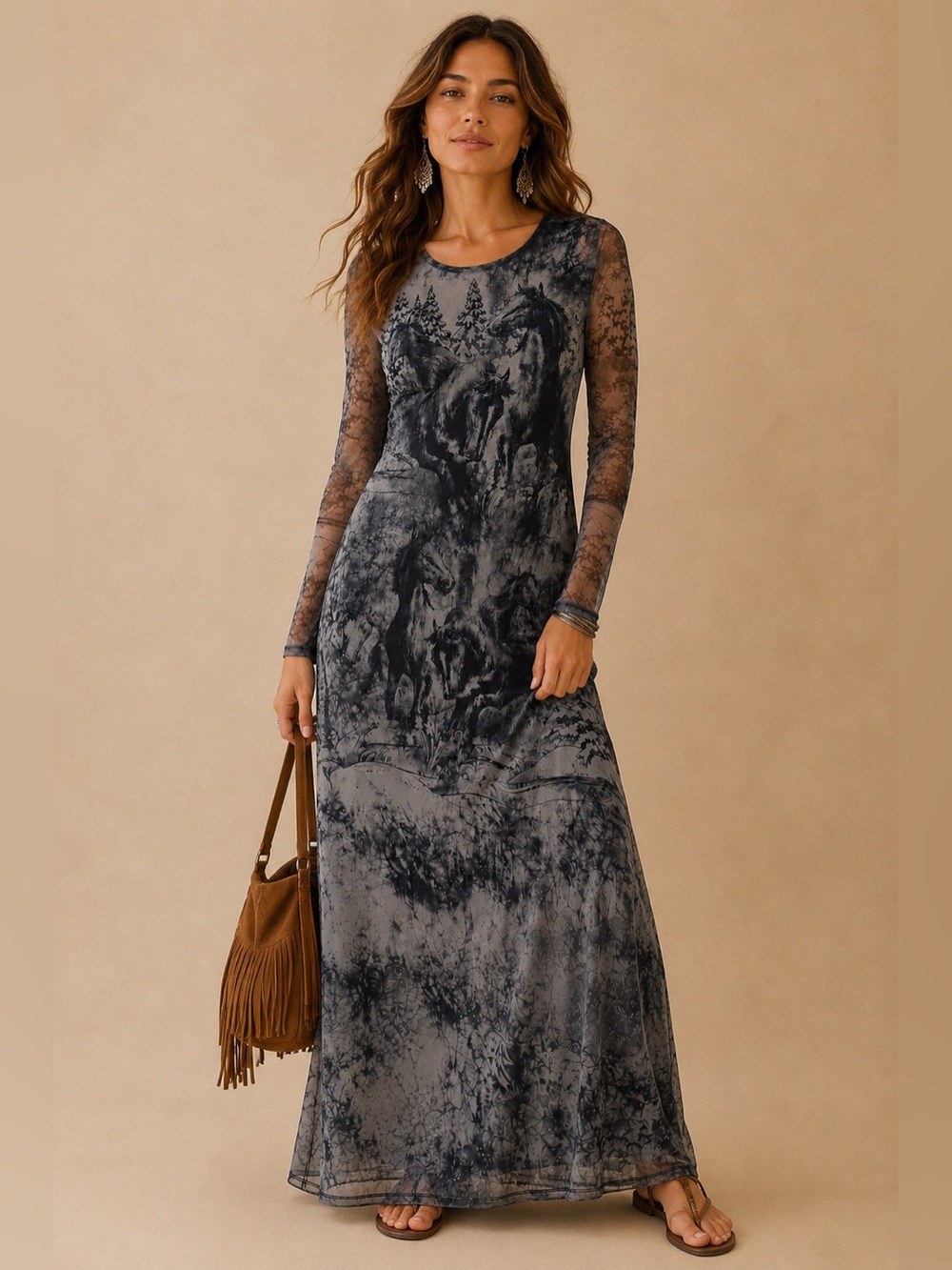 Reba Silverado Snow Horse Mesh Maxi Dress XL Limited Edition Western Ranch Boho